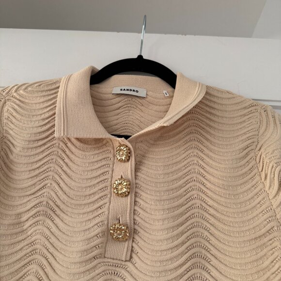 NWT Sandro Paris Campia Cropped Sweater Naturel Wavy Knit Scalop Hem Polo Style - Picture 5 of 9